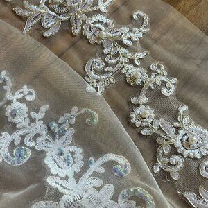 Hand Beaded Wedding Veil White Pearl and Iridescent blue